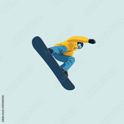 A snowboarder in mid-air, performing a jump, against a light blue background.
