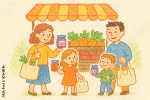 Crayon illustration of a family shopping at a local market