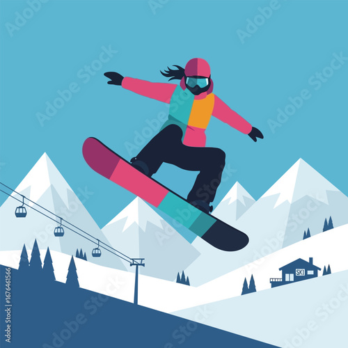 A snowboarder in colorful attire performs a jump against a mountain backdrop, mid-air.