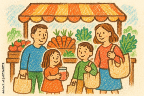 Crayon illustration of a family shopping at a local market