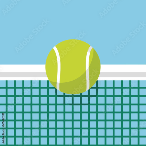 Tennis ball positioned above a tennis net, against a light blue background.
