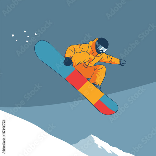 A snowboarder in an orange suit performs a jump over a snowy mountain slope.