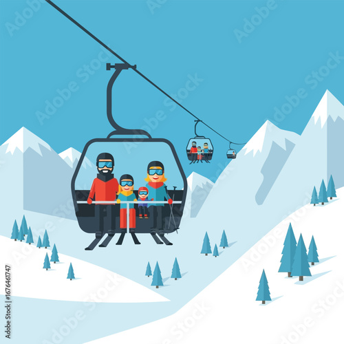 A family enjoys a ski lift ride, ascending snowy mountain slopes.