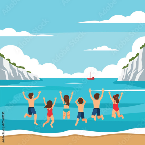 A group of people joyfully jumping into the ocean on a sunny day.