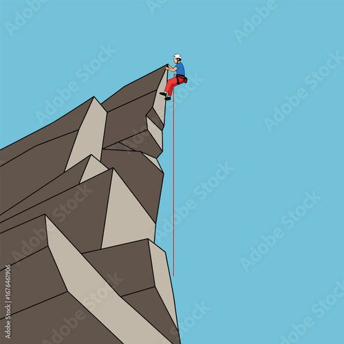 A climber rappels down a rocky cliff face against a clear blue sky.