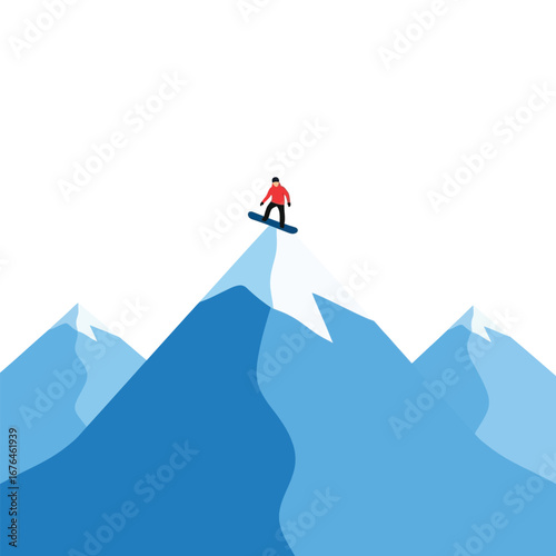 A tiny snowboarder performs a jump from a snowy mountain peak against a white background.
