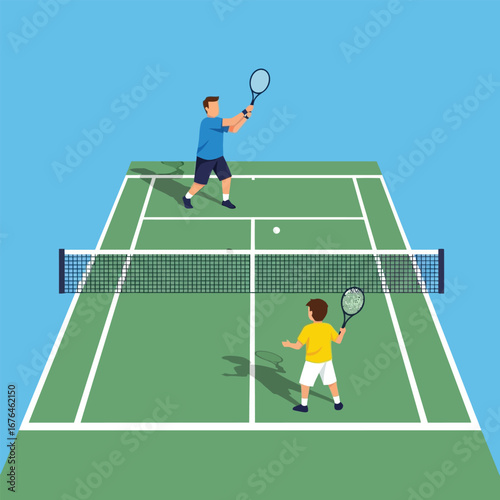 A father and son playing tennis on a green court, hitting the ball.