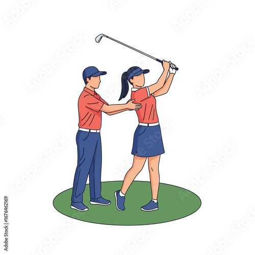 A golf instructor coaching a woman on her swing, providing guidance and support.