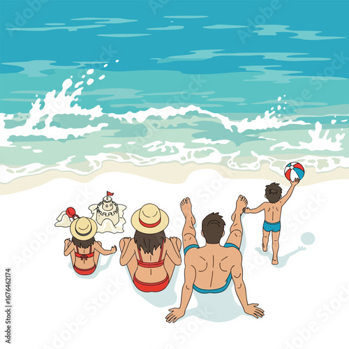 A family enjoys a sunny day at the beach, building sandcastles and playing.