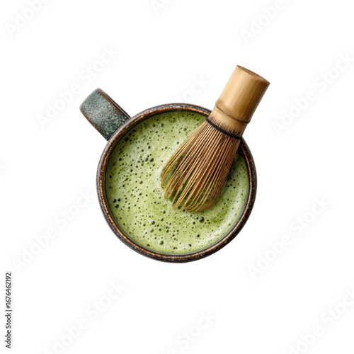 Overhead View of Matcha Latte in Rustic Mug with Chasen Whisk