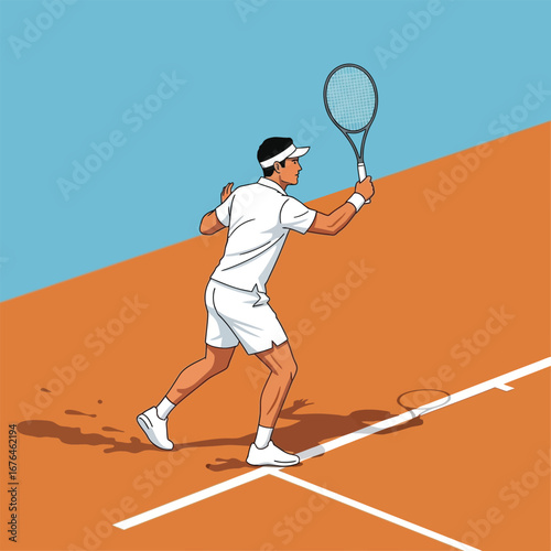 A tennis player in white attire swings a racket on a clay court, ready to hit the ball.