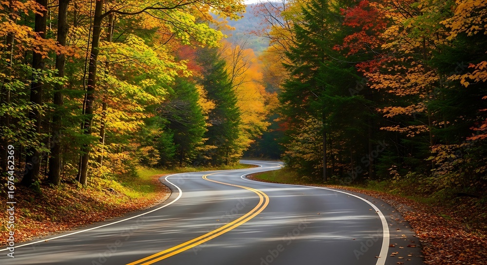 Obraz premium Scenic Winding Road Through Colorful Autumn Forest Trees
