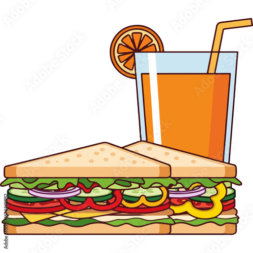 Fresh vegetables, cheese sandwich on layered bread, and glass of orange juice—clean vector illustration suitable for restaurant menu design, food delivery app banner, and social media.