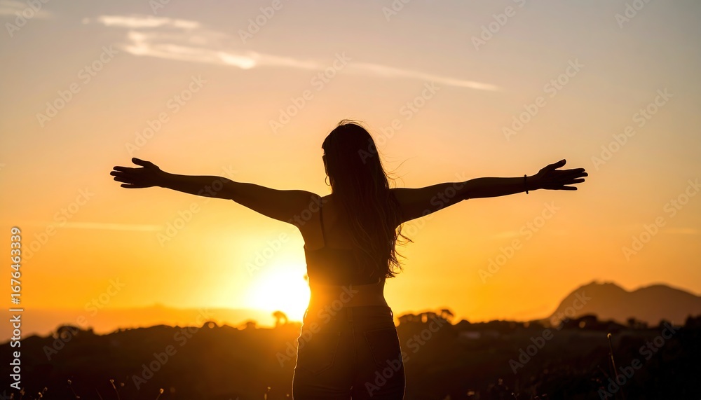 Fototapeta premium Woman Embracing Sunset Silhouette of Freedom and Joy