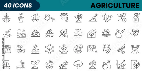 Set of 40 outline icons related to agriculture, seedling plants, plant care, harvest. Linear icon collection. Editable stroke. Vector illustration