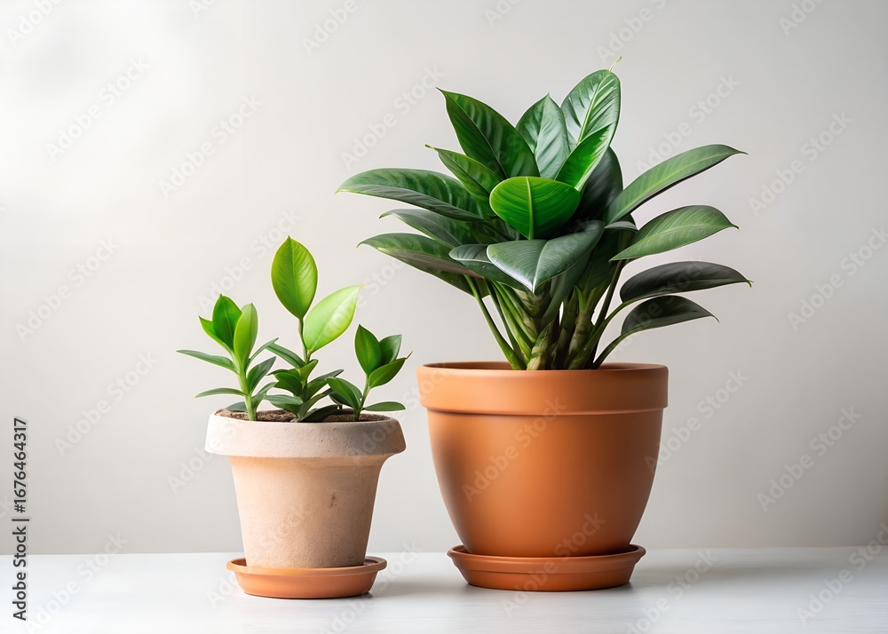 Fototapeta premium Two potted houseplants on a white surface against a neutral background indoors