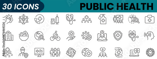 Set of 30 outline icons related to public health,  preventive measures, healthy lifestyle, information awareness. Linear icon collection. Editable stroke. Vector illustration