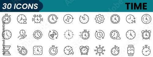 Set of 30 outline icons related to time, timer, stopwatch, alarm. Linear icon collection. Editable stroke. Vector illustration.