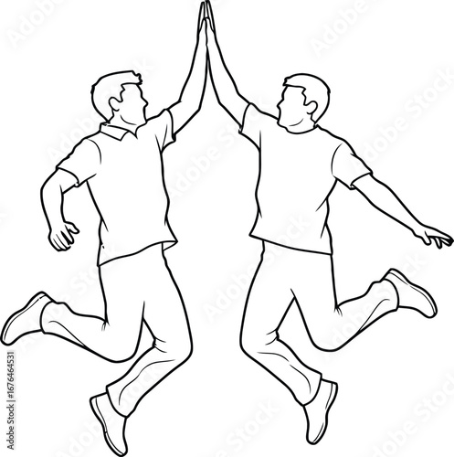 Two people high five jumping outline vector illustration art