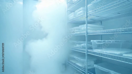 Cryogenic storage facility with dense vapor clouds emanating from a deep freezer, where biological samples are preserved on shelves for scientific research