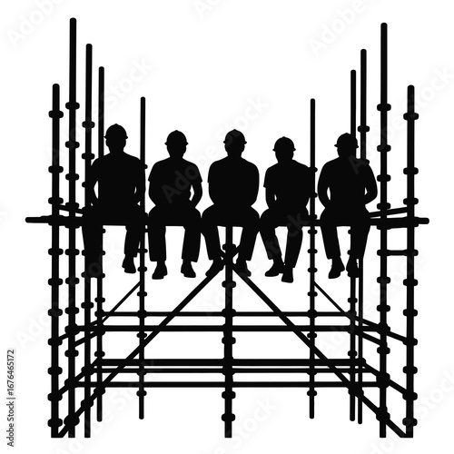 Silhouette of construction workers resting on scaffolding during a break