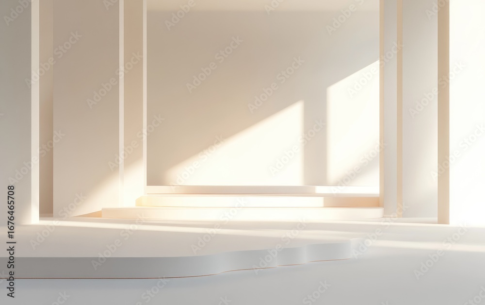 Fototapeta premium Soft natural sunlight streaming through an open doorway creating geometric shadows and bright light