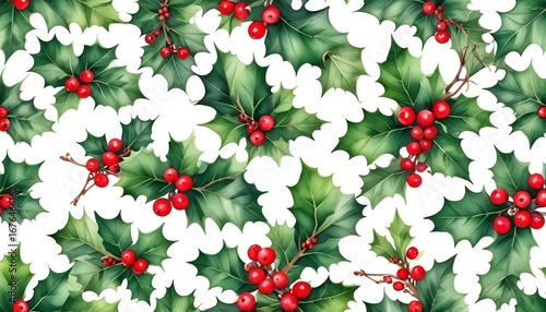 Seamless watercolor pattern of Christmas holly, perfect for holiday projects