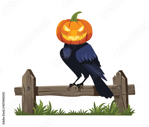  Little Raven with a Pumpkin on a Fence, Ready for a Spooky Halloween Night