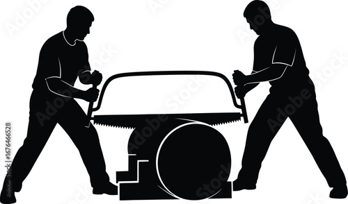 Two men sawing log with bow saw silhouette vector illustration