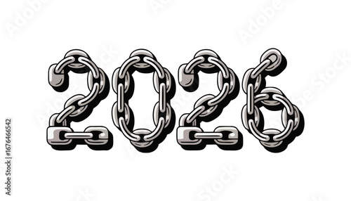 Industrial street art 2026 lettering made with metallic chains, padlocks and bold graffiti themed outlines