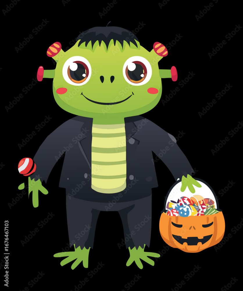 Naklejka premium Cute Halloween Frankenstein monster with trick-or-treat basket, ready for some spooky fun