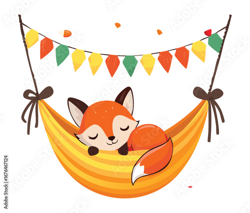 Adorable fox and squirrel characters napping in a hammock with cute Halloween decorations