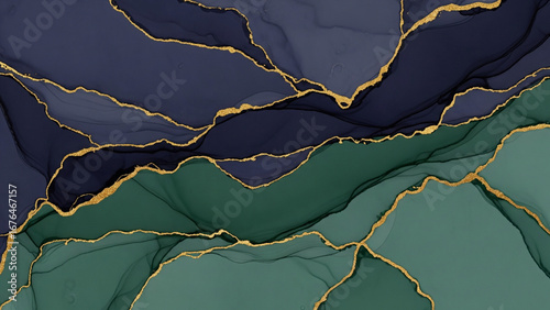 A stylish and abstract 16:9 background featuring a fluid, marbled pattern in deep navy blue and emerald green.
