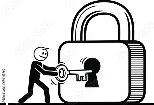 Unlocking security concept stick figure with key and padlock icon