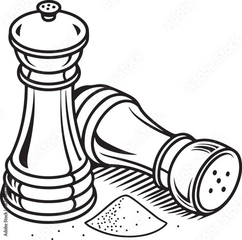 Hand-Drawn Salt and Pepper Shakers with Spilled Salt – Vintage Kitchen Spice Illustration