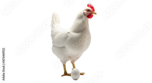 White hen stands proudly next to her freshly laid egg