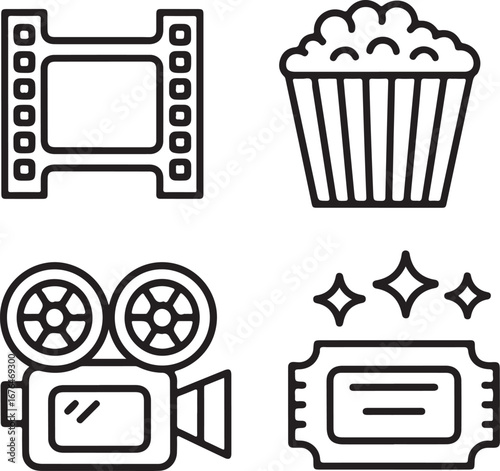 Hand-Drawn Film Strip Vector Set Cinematic Frames, Popcorn, Camera Lens, Stars, Projector Light, and Studio Creativity