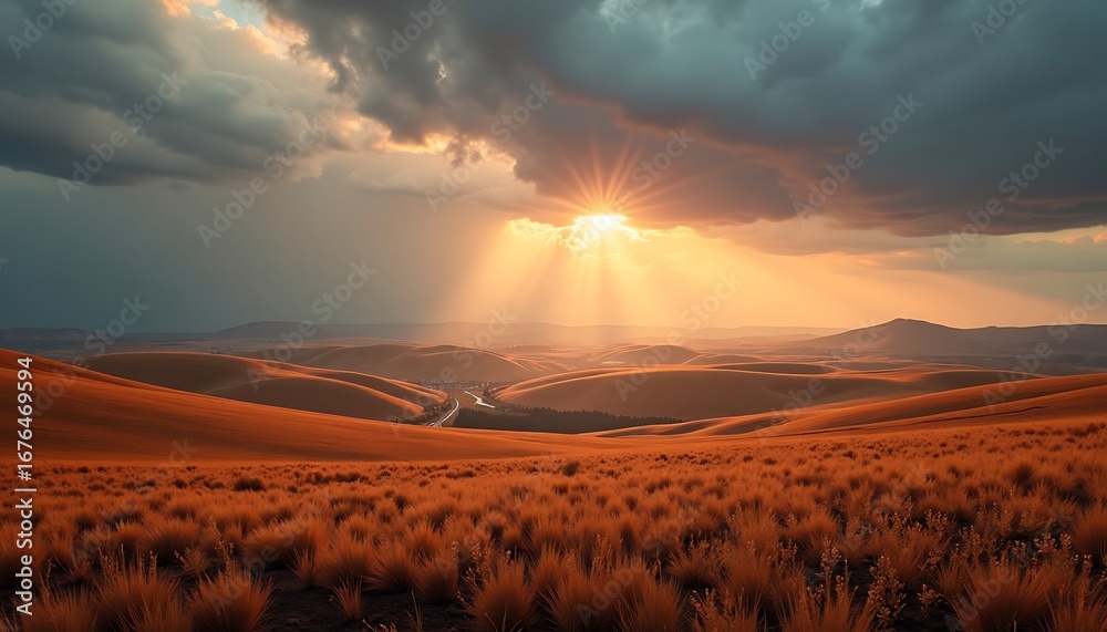 Obraz premium Dramatic Sunset Over Rolling Hills Landscape with Golden Light