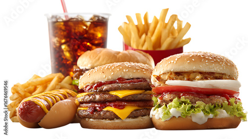A delicious fast food meal with burger, fries, hotdog and cola drink isolated on transparent background.