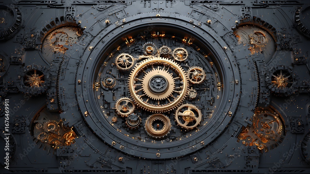 Fototapeta premium A detailed, intricate, mechanical system with gears and cogs, showcasing a dark gray and gold color palette.