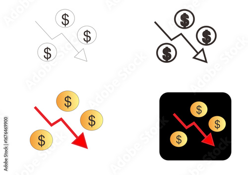 Icons depicting financial decline, with dollar signs and a downward arrow, symbolizing economic recession, market losses, and a decrease in monetary value