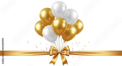 Bunch of Gold and White Balloons Tied with a Gold Ribbon and Confetti celebration isolated on a transparent background