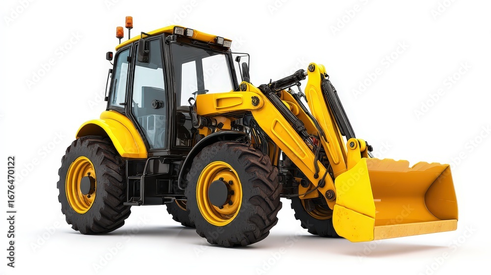 Fototapeta premium A bright yellow front-end loader, perfect for construction tasks, isolated on a white background.