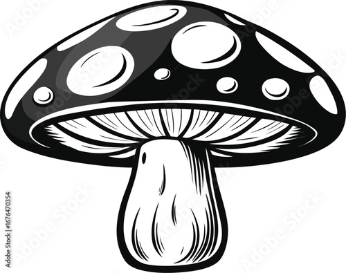 Black and White Stylized Mushroom with White Spots and Gills on a White Background fungi toadstool EPS vector file download