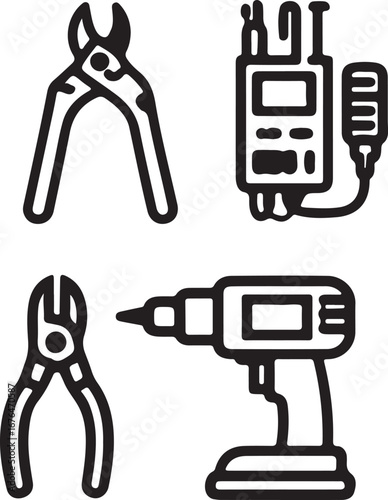 Black and white outline icons of tools including wire cutters a drill and a radio pliers cordless drill EPS vector file download