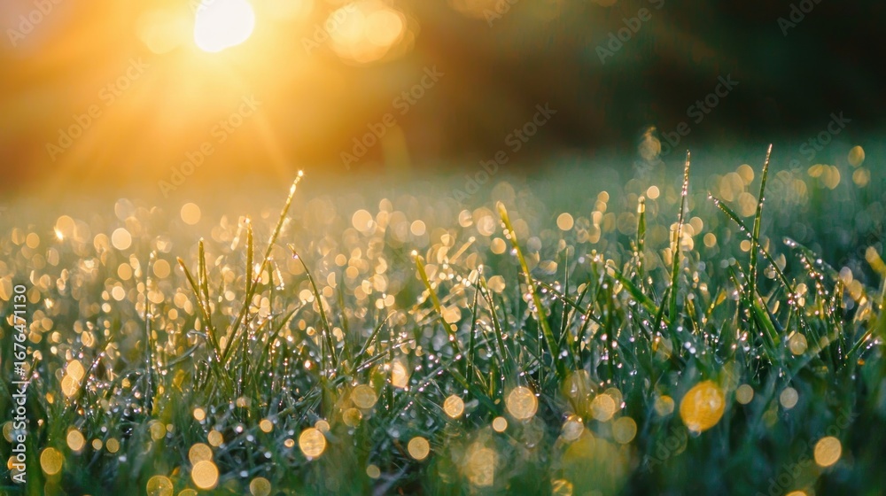 Fototapeta premium A close-up of morning grass covered in sparkling dew droplets catching the first light of dawn