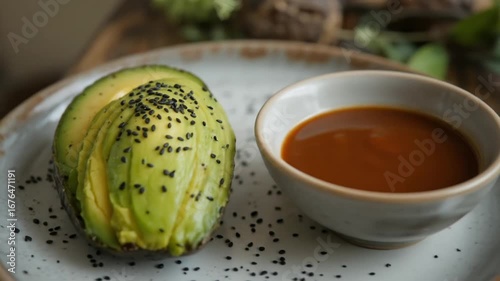 Avocado slices sprinkled with black sesame seeds served on a ceramic plate with half an avocado and a small bowl of fresh green fruit sauce, a healthy snack, a rich-tasting appetizer. 4k video