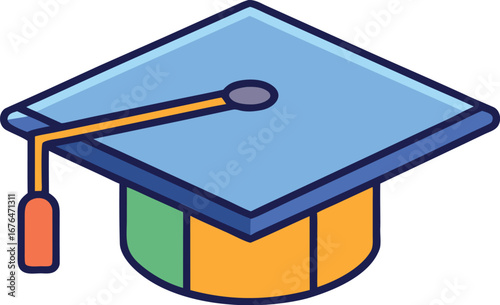 Blue Graduation Cap with Orange Tassel and Yellow Base on White academic achievement EPS vector file download