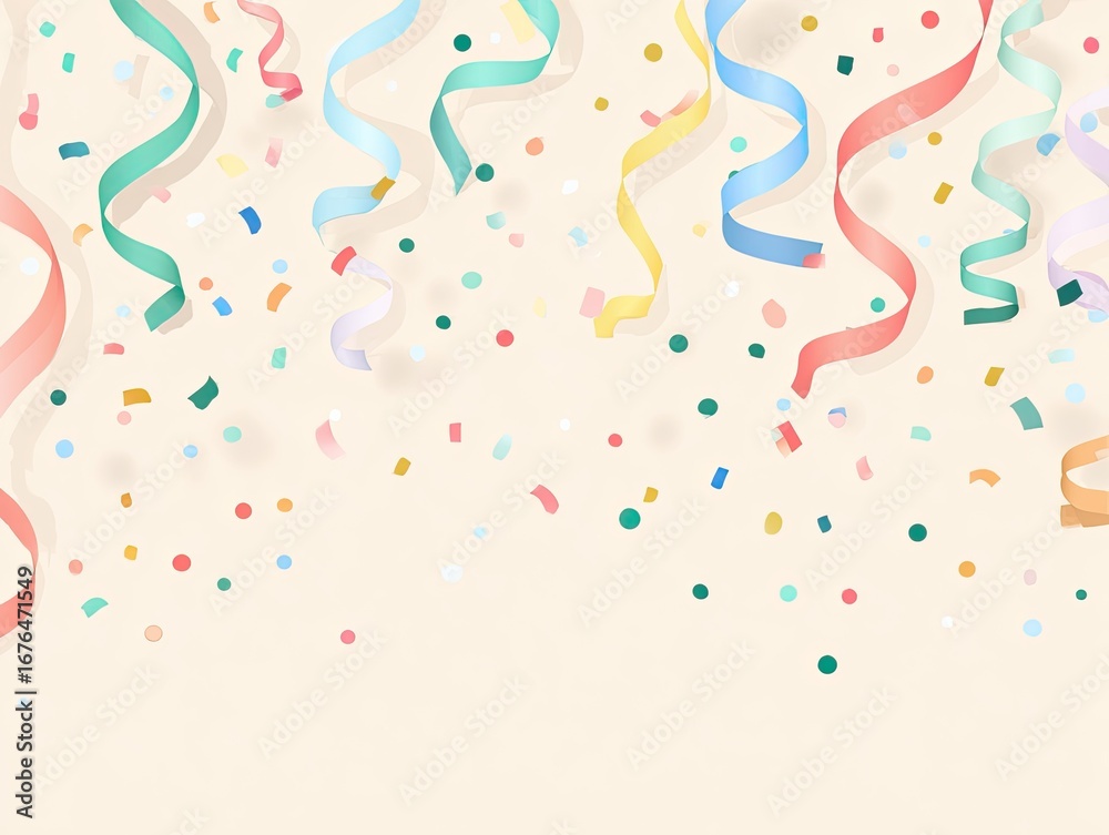 Fototapeta premium Pastel confetti and streamers on a light beige background