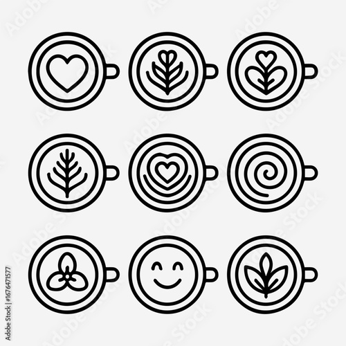 Nine Coffee Cup Designs with Latte Art Hearts Flowers and Swirls.